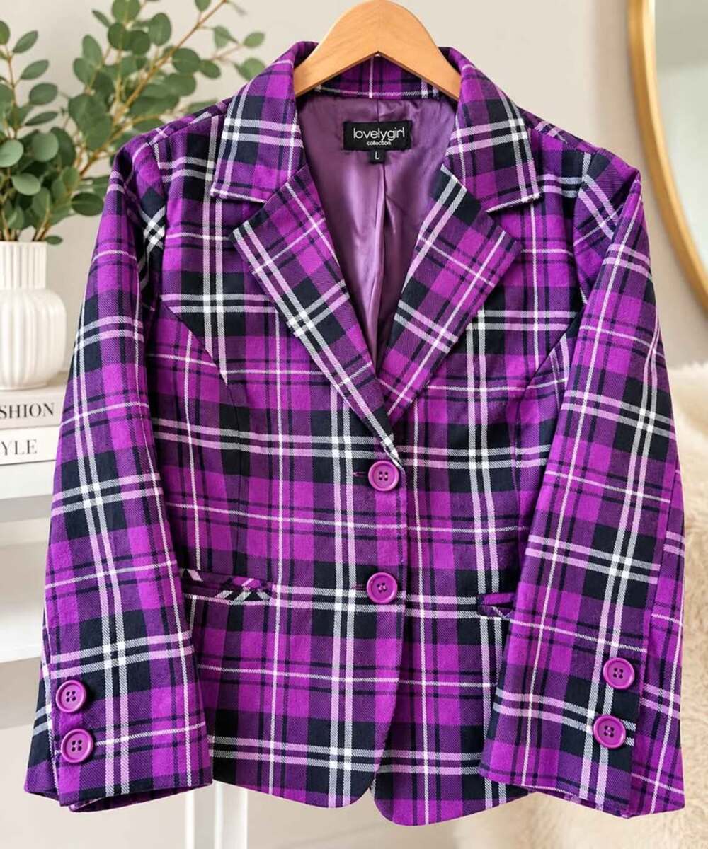 Purple Plaid Collegiate, preppy Y2K, Dark Academia, Blazer Jacket – Size L